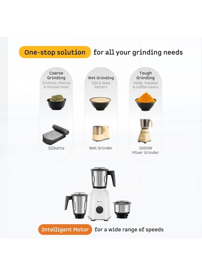 Atomberg Xiana 750 Watt Mixer Grinder | 3 Multipurpose Stainless Steel Jars | Coarse Mode for Silbatta-Like Textures | Powerful Intelligent Motor | Easy Fault LED Indication | Snow White - Image 2